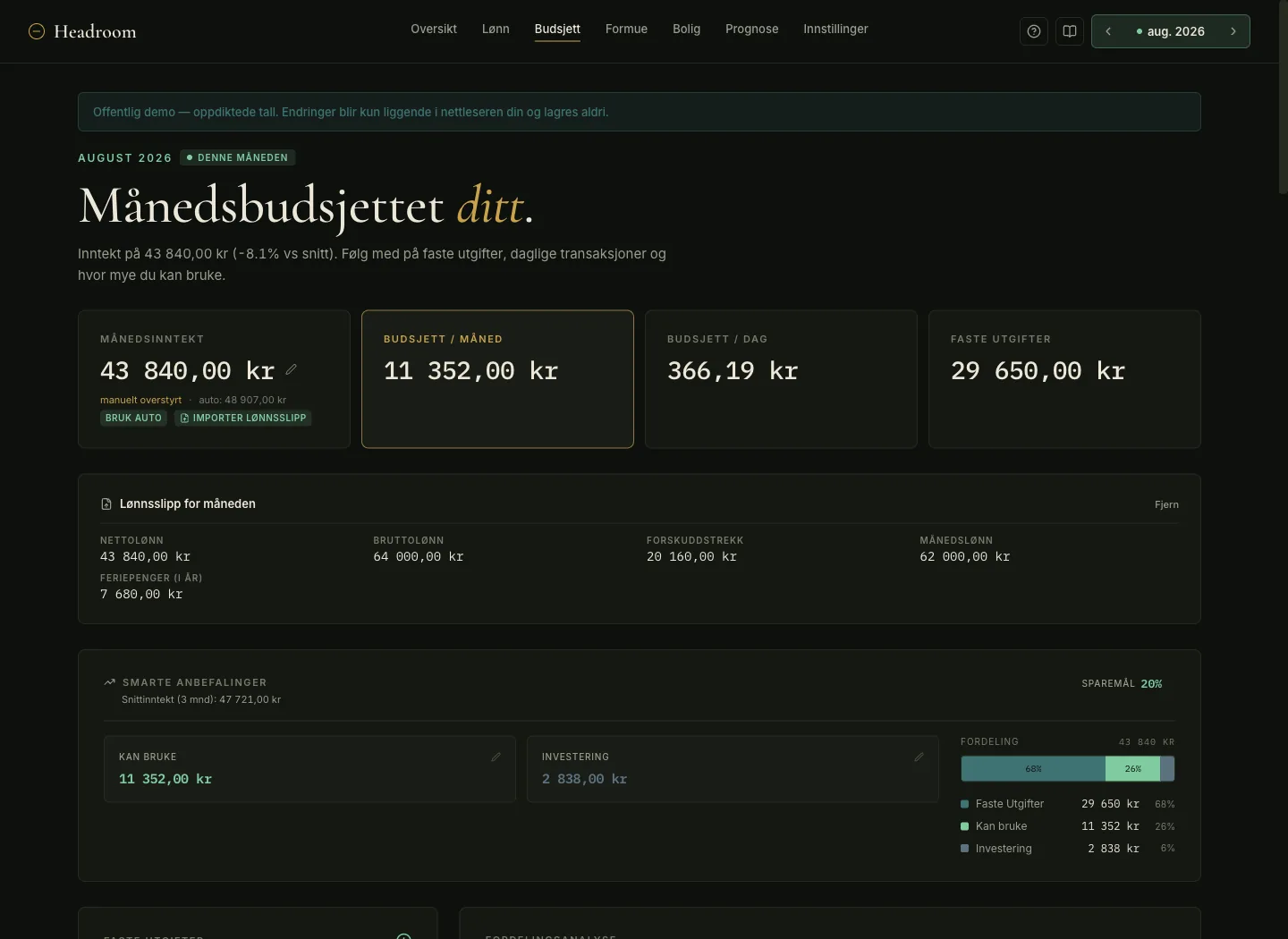 Headroom budget page for August 2026 with monthly income, budget per month and per day, fixed expenses, an imported payslip and the spend and invest split