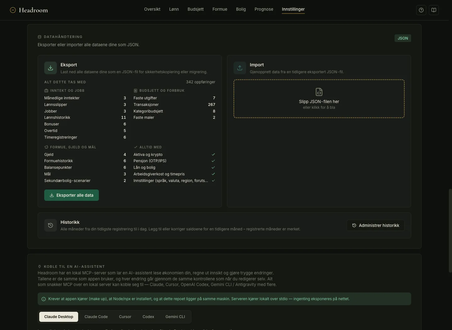 Headroom settings listing all 342 entries included in an export, and one click configuration for Claude, Cursor, Codex and Gemini