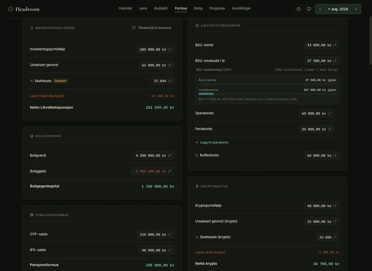 Headroom wealth page showing latent tax deducted from an investment portfolio, home equity, pension balances, BSU allowances and crypto