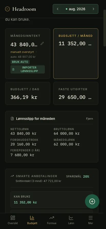 Headroom on a phone showing a two by two grid of monthly figures, an imported payslip card and a bottom tab bar