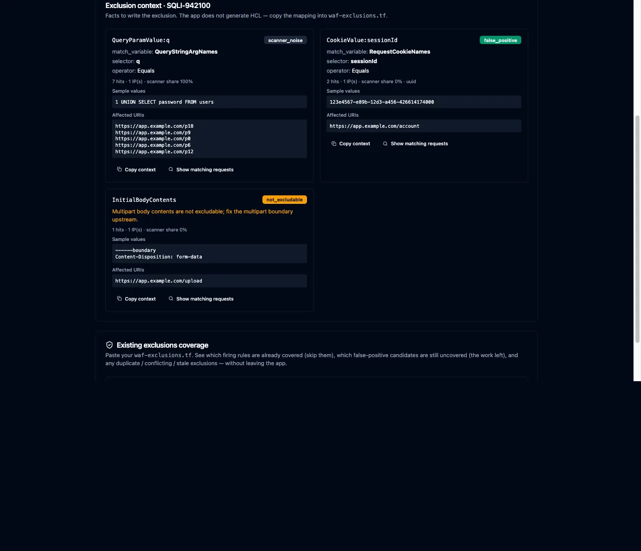 lawless-waf exclusion context lawless-waf exclusion context view showing match_variable and selector mappings